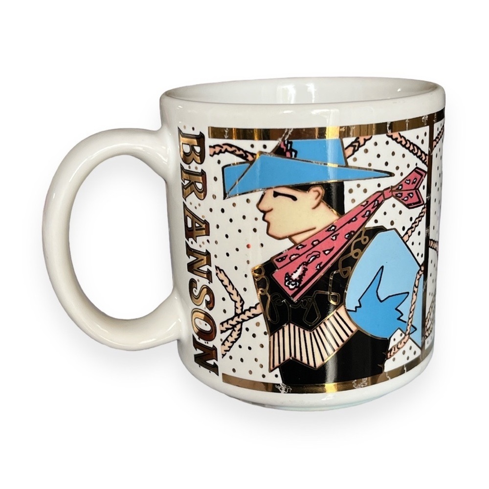 Branson Missouri Ceramic Cowboy Mug 8oz Metallic Gold Souvenir Coffee Cup 1993